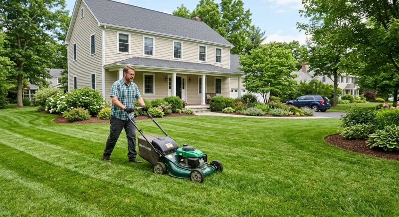 A lawn being mowed in even stripes in front of a Sacramento-area home